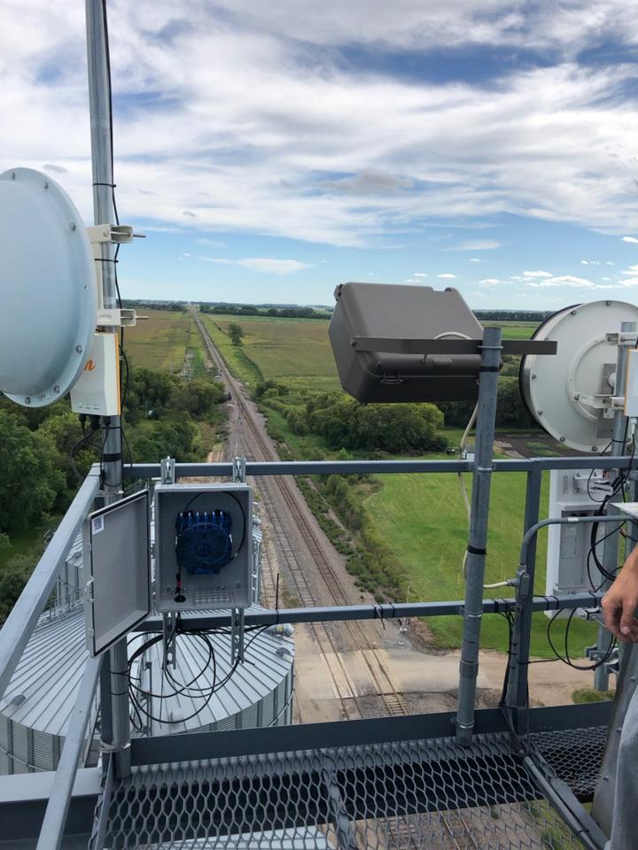 Clearfield’s YOURx Flex Box with Clearview Blue Cassette, FieldShield FLATdrop and fiber jumpers installed on top of a grain elevator.