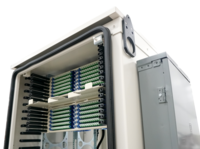 Fiber Flex 300 cabinet open, from a low-profile view looking up, showing splitter tray details.