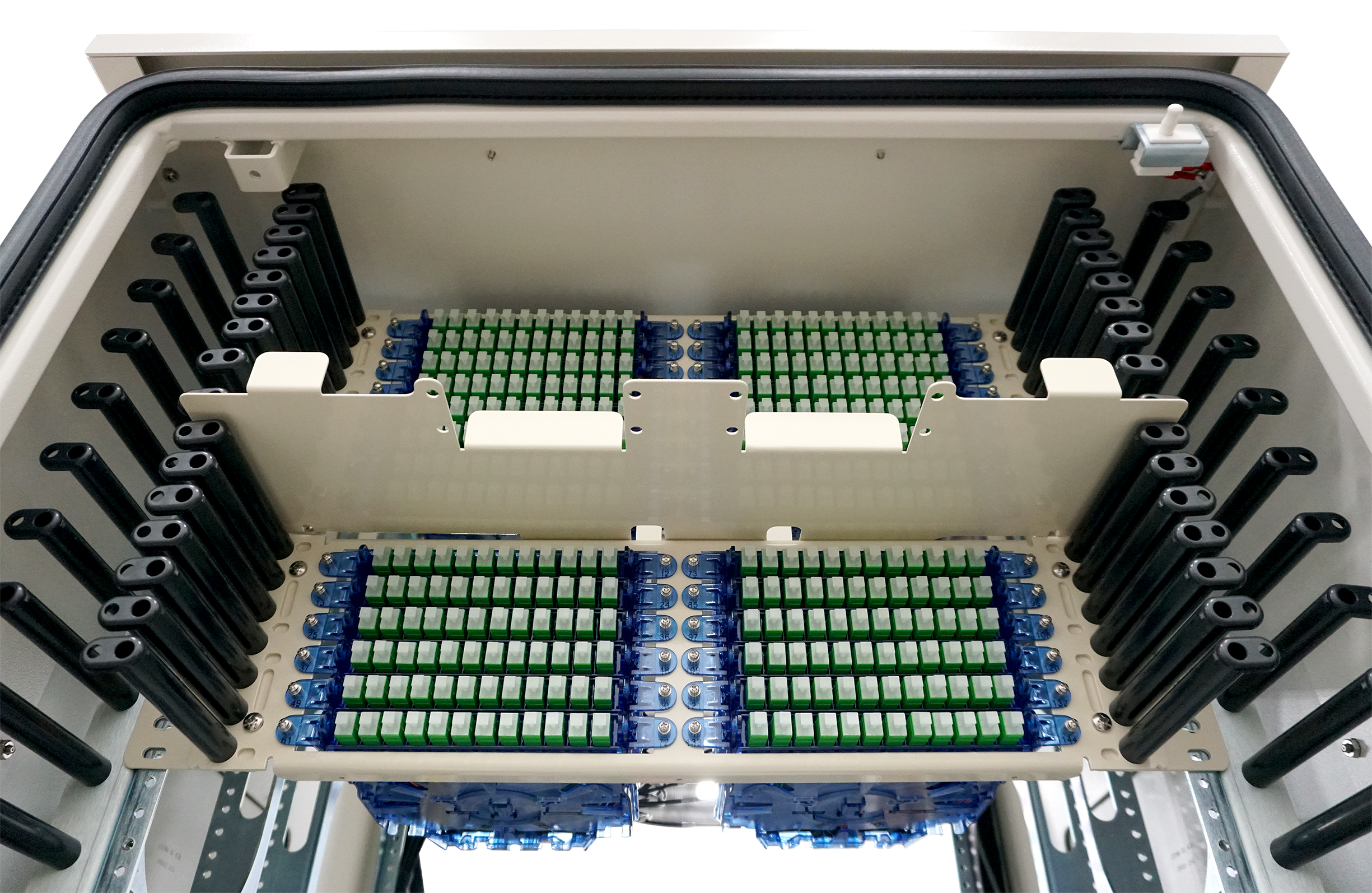 Fiber Flex 300 cabinet open, close-up frontal view, looking upward, showing lower splitter tray details.