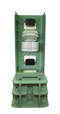 CraftSmart FiberFirst Pedestal from a frontal view, open displaying splice tray.