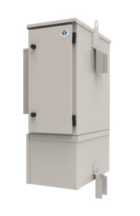 FiberFlex 600 tan battery base rectifier fiber pole mount from a 3/4 view, closed.