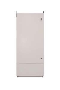 Tan cabinet with door closed.