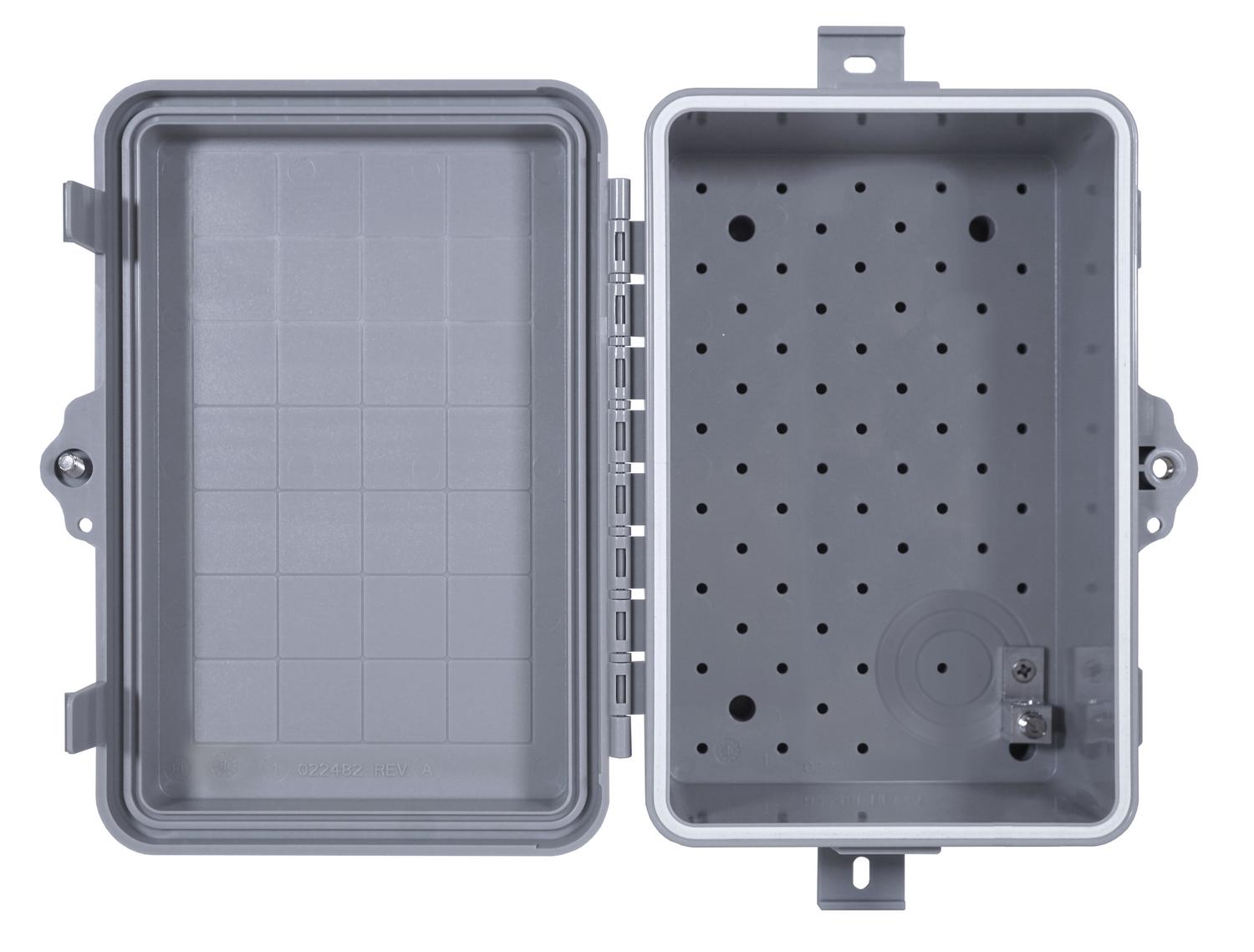 Open gray plastic enclosure box