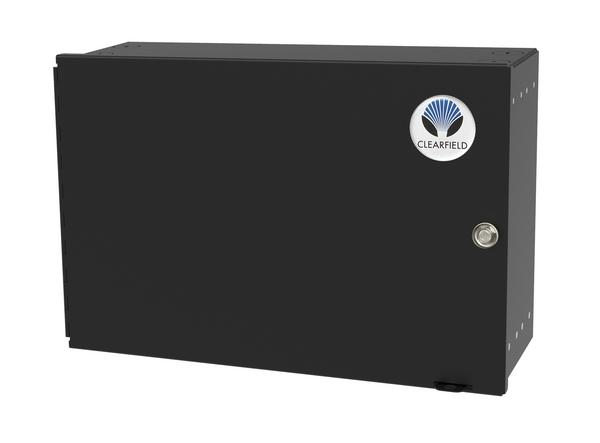 Fiber optic termination box with twelve ports.